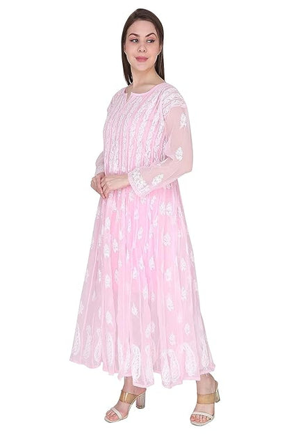"ADR Chikankari Hand Embroidered Lucknowi Georgette 56 Kali Anarkali Kurti for Girls & Women"