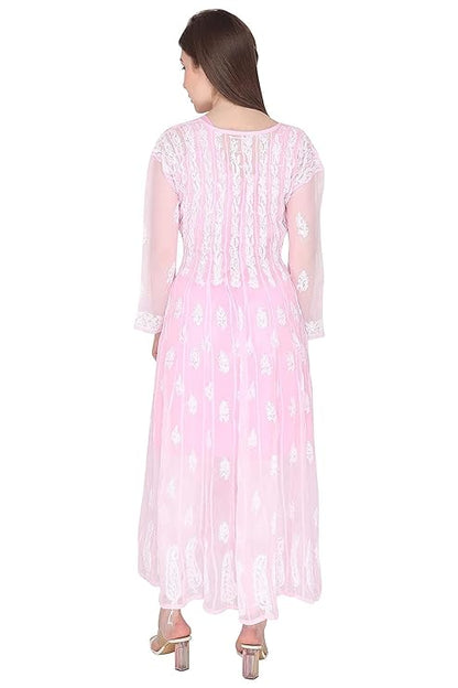 "ADR Chikankari Hand Embroidered Lucknowi Georgette 56 Kali Anarkali Kurti for Girls & Women"