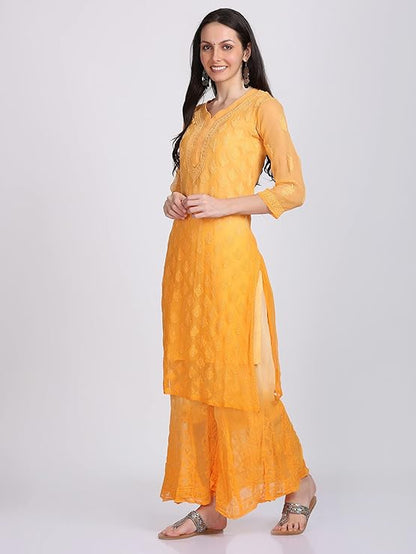 "ADR Women's Chikankari Handwork Straight Dyed Orange Kurti, Sharara & Dupatta Set with Inner"