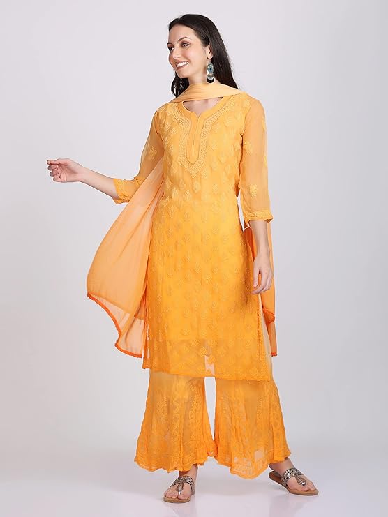 ADR Women's Chikankari Handwork Straight Dyed Orange Kurti, Sharara & Dupatta Set with Inner