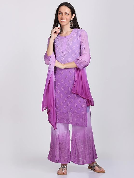 ADR Women's Chikankari Handwork Straight Dyed Purple Kurti, Sharara & Dupatta Set with Inner