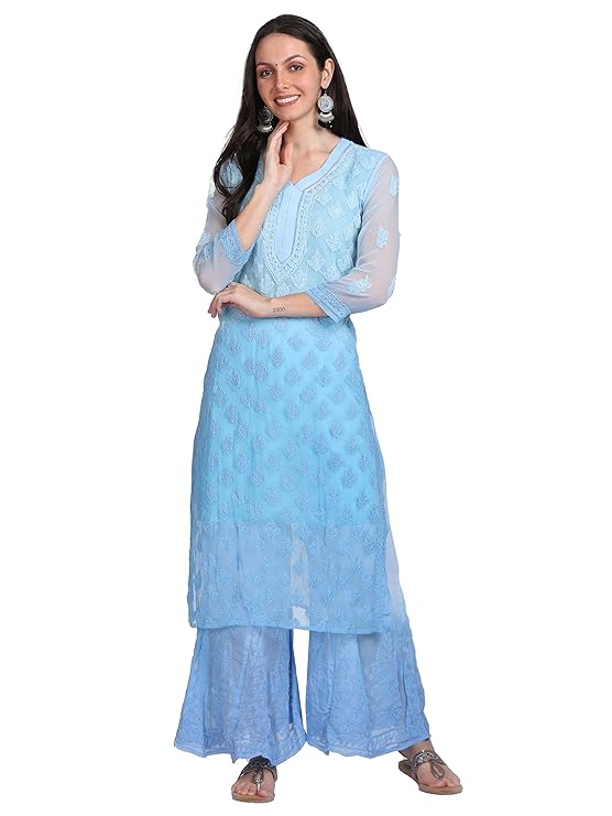 ADR Women's Chikankari Handwork Straight Dyed Sky Blue Kurti, Sharara & Dupatta Set with Inner