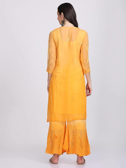 "ADR Women's Chikankari Handwork Straight Dyed Orange Kurti, Sharara & Dupatta Set with Inner"