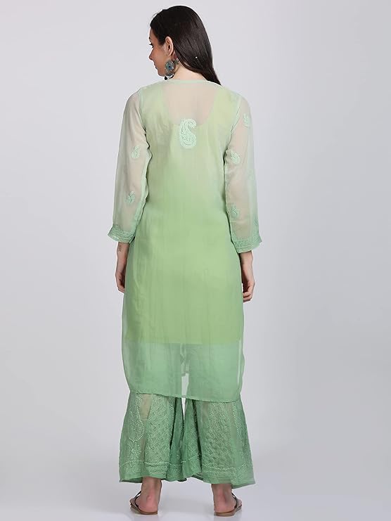 ADR Women's Chikankari Handwork Straight Dyed Green Kurti, Sharara & Dupatta Set with Inner(Color Chart)
