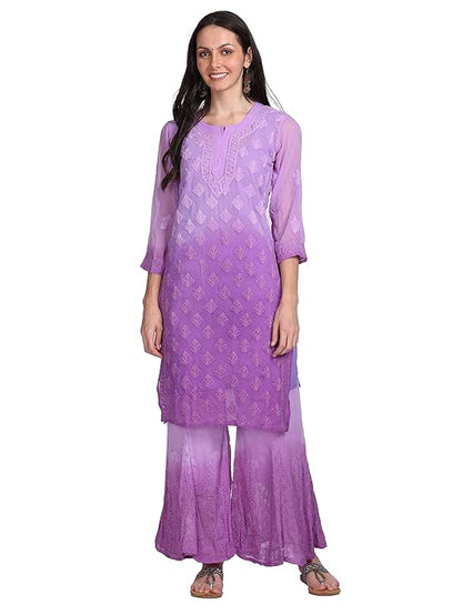 "ADR Women's Chikankari Handwork Straight Dyed Purple Kurti, Sharara & Dupatta Set with Inner"
