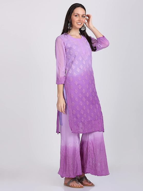 ADR Women's Chikankari Handwork Straight Dyed Purple Kurti, Sharara & Dupatta Set with Inner