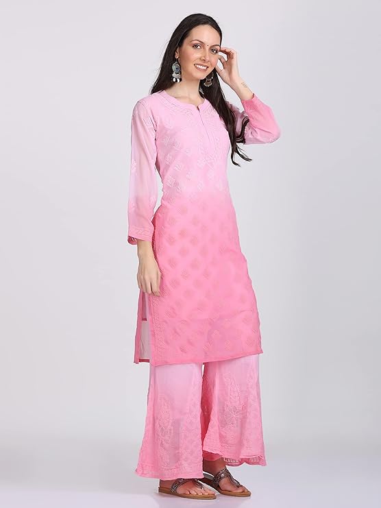 ADR Women's Chikankari Handwork Straight Dyed Pink Kurti, Sharara & Dupatta Set with Inner
