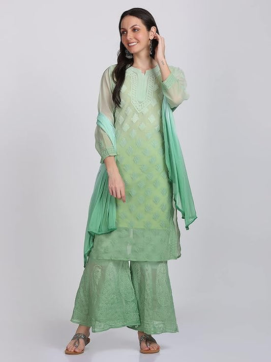 "ADR Women's Chikankari Handwork Straight Dyed Green Kurti, Sharara & Dupatta Set with Inner (Color Chart Available)"