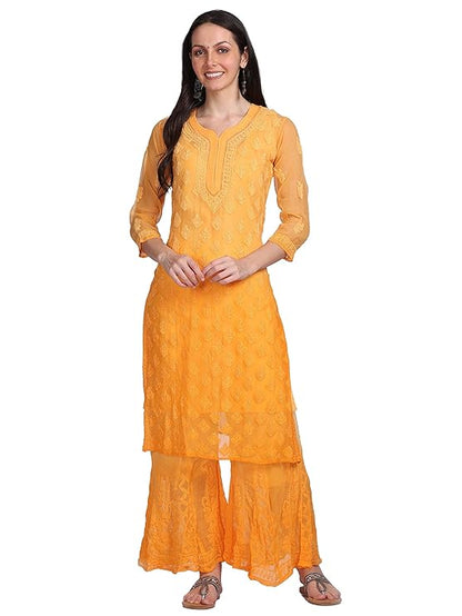 "ADR Women's Chikankari Handwork Straight Dyed Orange Kurti, Sharara & Dupatta Set with Inner"