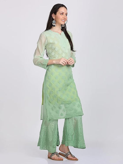 "ADR Women's Chikankari Handwork Straight Dyed Green Kurti, Sharara & Dupatta Set with Inner (Color Chart Available)"