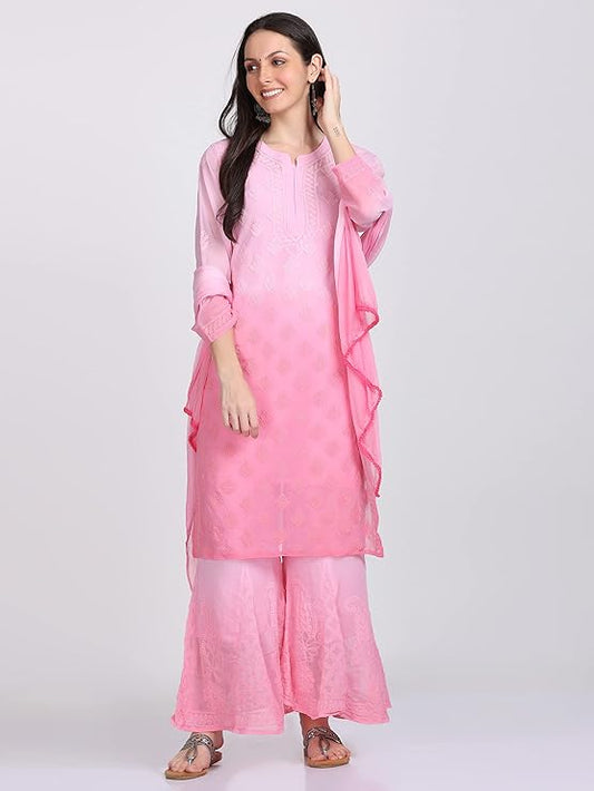 ADR Women's Chikankari Handwork Straight Dyed Pink Kurti, Sharara & Dupatta Set with Inner
