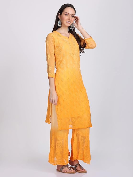 ADR Women's Chikankari Handwork Straight Dyed Orange Kurti, Sharara & Dupatta Set with Inner