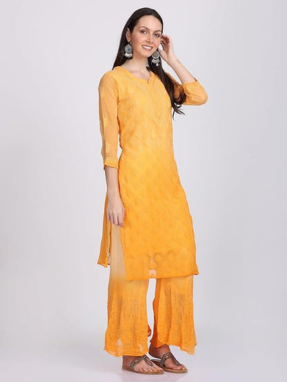 "ADR Women's Chikankari Handwork Straight Dyed Orange Kurti, Sharara & Dupatta Set with Inner"