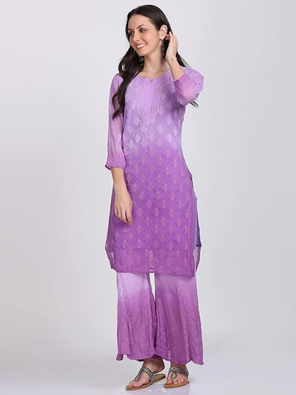 "ADR Women's Chikankari Handwork Straight Dyed Purple Kurti, Sharara & Dupatta Set with Inner"