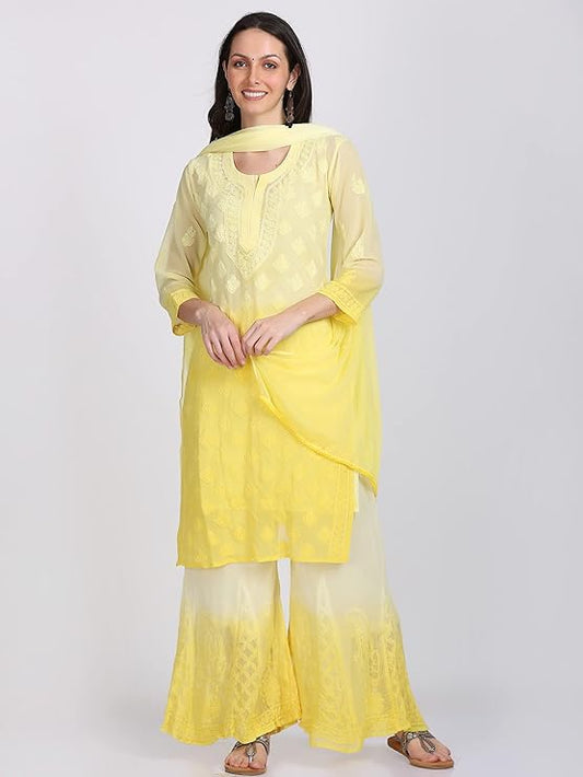 ADR Women's Chikankari Handwork Straight Dyed Yellow Kurti, Sharara & Dupatta Set with Inner