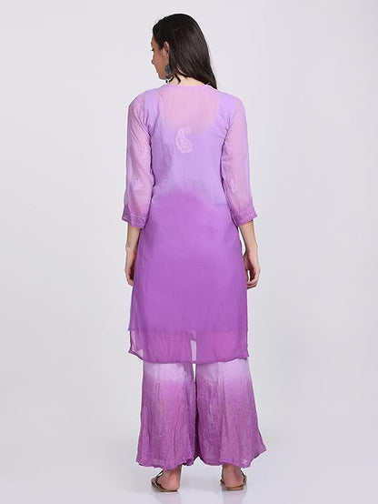 "ADR Women's Chikankari Handwork Straight Dyed Purple Kurti, Sharara & Dupatta Set with Inner"