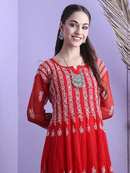 "ADR Chikankari Hand Embroidered Lucknowi Georgette 56 Kali Anarkali Kurti for Girls & Women"