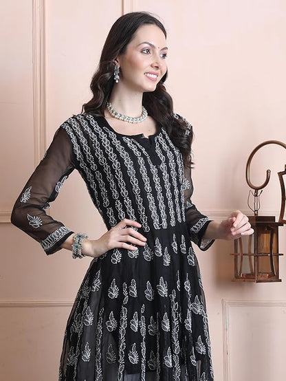 "ADR Chikankari Hand Embroidered Lucknowi Georgette 56 Kali Anarkali Kurti for Girls & Women"