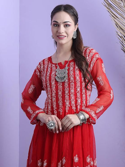 "ADR Chikankari Hand Embroidered Lucknowi Georgette 56 Kali Anarkali Kurti for Girls & Women"