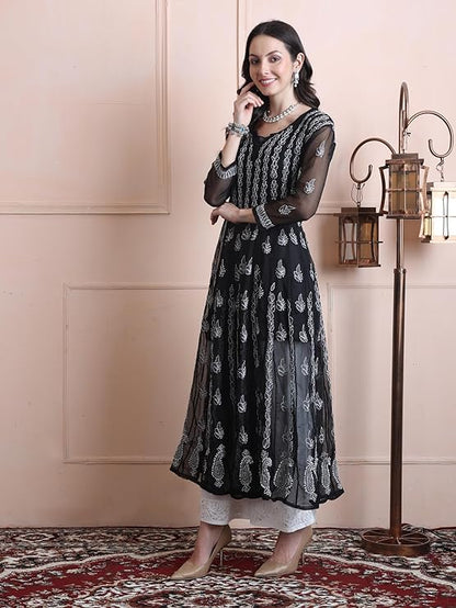 "ADR Chikankari Hand Embroidered Lucknowi Georgette 56 Kali Anarkali Kurti for Girls & Women"