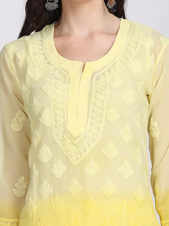 ADR Women's Chikankari Handwork Straight Dyed Yellow Kurti, Sharara & Dupatta Set with Inner