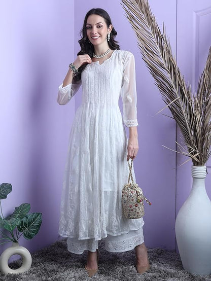 "ADR Chikankari Hand Embroidered Lucknowi Georgette 56 Kali Anarkali Kurti for Girls & Women"