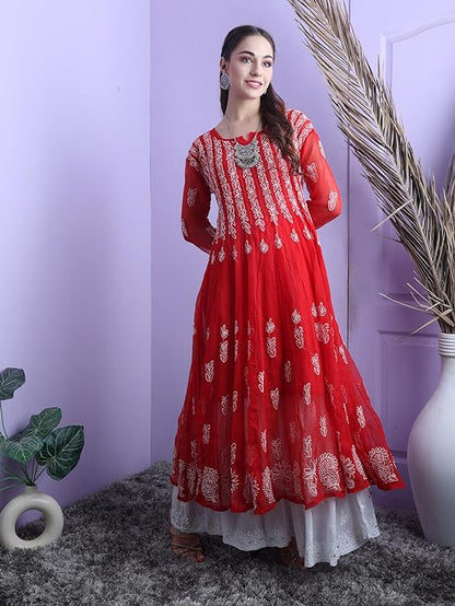 "ADR Chikankari Hand Embroidered Lucknowi Georgette 56 Kali Anarkali Kurti for Girls & Women"