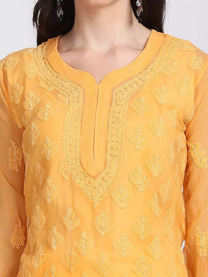 "ADR Women's Chikankari Handwork Straight Dyed Orange Kurti, Sharara & Dupatta Set with Inner"