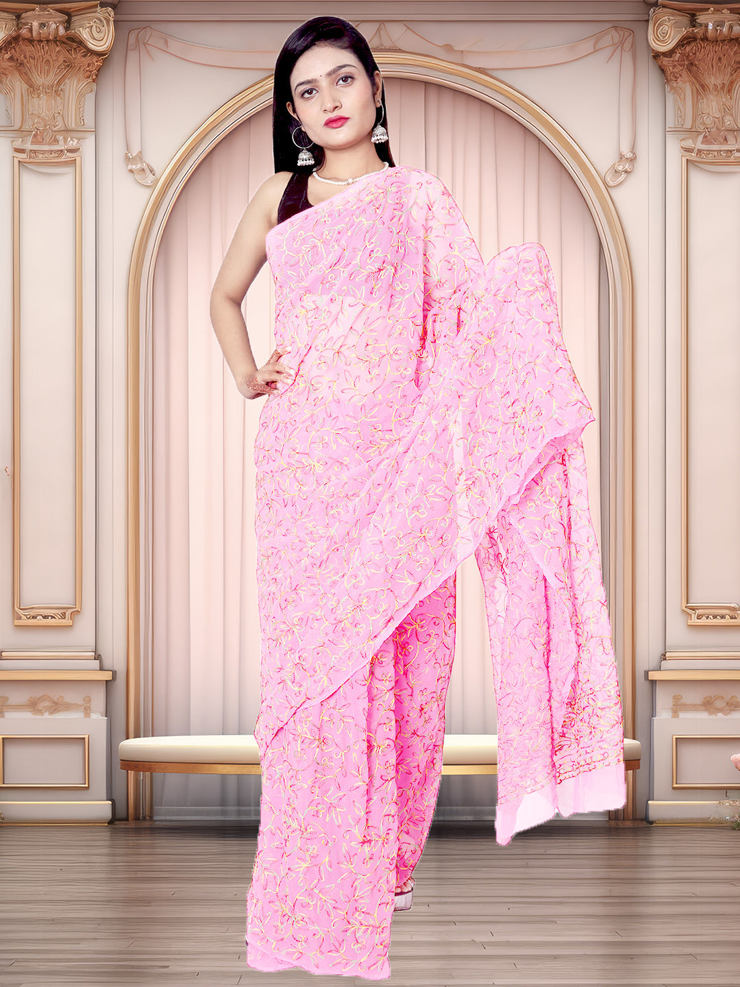 Tradition Lucknowi Chikankari Multi Thread Embroidery Georgette Pink Saree