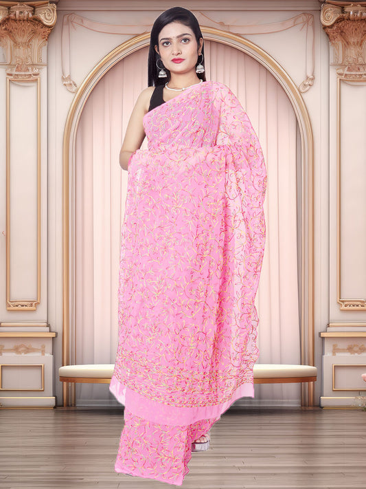 Tradition Lucknowi Chikankari Multi Thread Embroidery Georgette Pink Saree