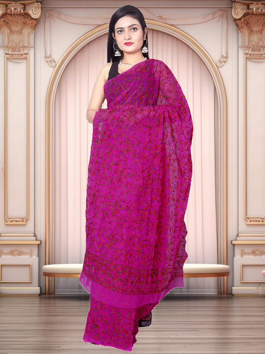 Tradition Lucknowi Chikankari Multi Thread Embroidery Georgette Rani Pink Saree