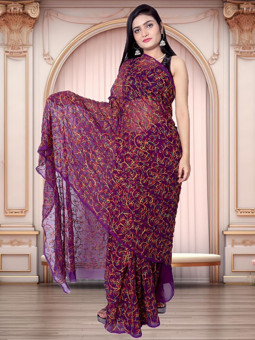 Tradition Lucknowi Chikankari Multi Thread Embroidery Georgette Purple Saree