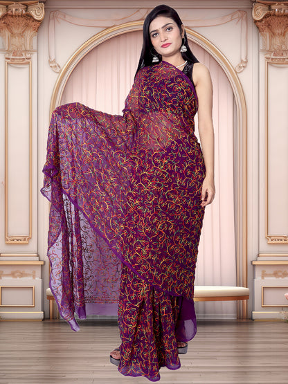 Tradition Lucknowi Chikankari Multi Thread Embroidery Georgette Purple Saree