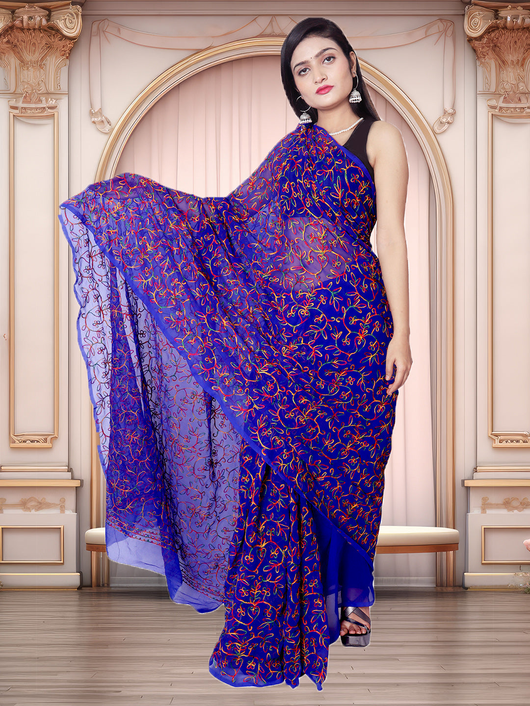 Tradition Lucknowi Chikankari Multi Thread Embroidery Georgette Royal Blue Saree