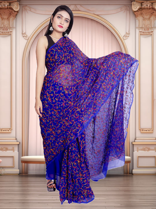 Tradition Lucknowi Chikankari Multi Thread Embroidery Georgette Royal Blue Saree