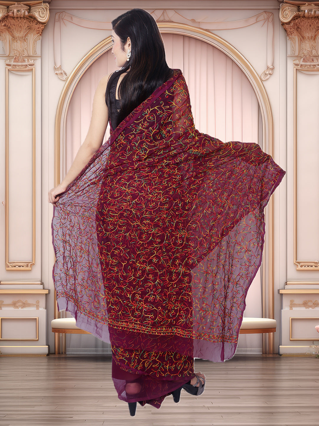 Tradition Lucknowi Chikankari Multi Thread Embroidery Georgette Wine  Saree