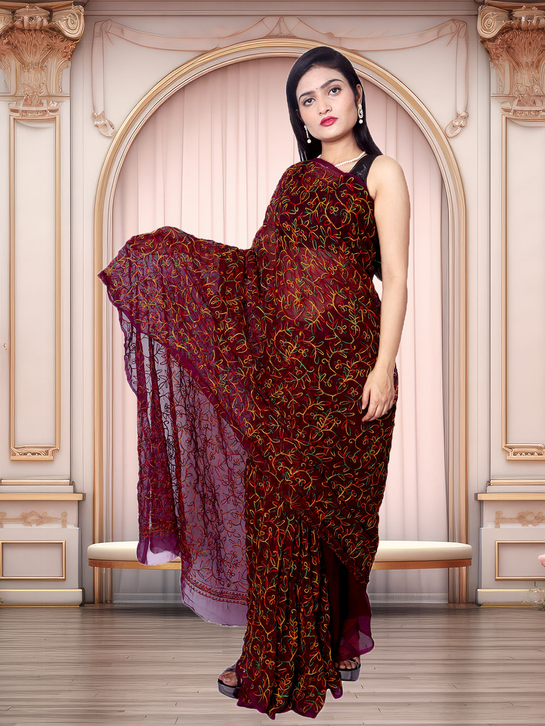 Tradition Lucknowi Chikankari Multi Thread Embroidery Georgette Wine  Saree