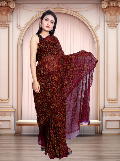 Tradition Lucknowi Chikankari Multi Thread Embroidery Georgette Wine  Saree