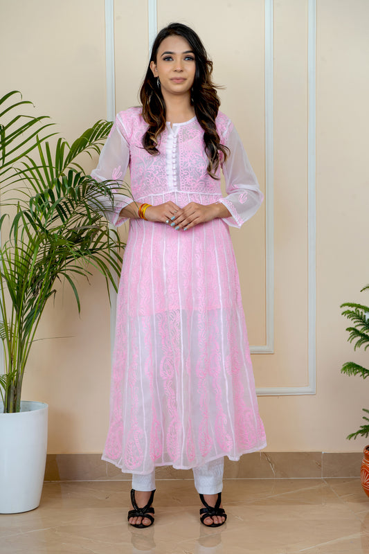 Lucknowi Chikankari Aari Embroidery Georgette Anarkali Kurti with Matching Inner | ADR Chikan