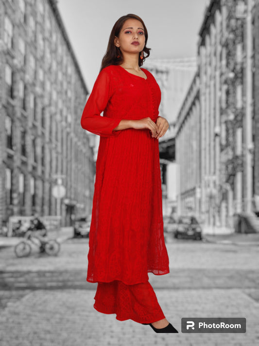 Lucknowi Chikankari Aari Work Anarkali Kurti With Matching Inner.