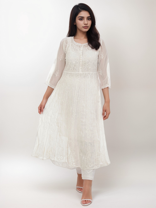 Lucknowi Chikankari Self-Tone Thread Aari Work Georgette 24-Kali Ankle-Length Anarkali with Matching Lining &amp; Lycra Cotton Stretchable Pant Set | ADR Chikan