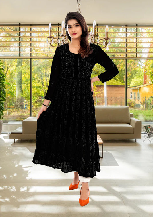 Lucknowi Chikankari Aari Embroidery Georgette Anarkali Kurti ( Black )with Matching Inner | ADR Chikan