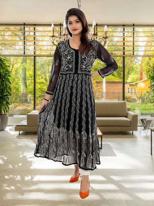 Lucknowi Chikankari Aari Embroidery Georgette Anarkali Kurti ( Black )with Matching Inner | ADR Chikan