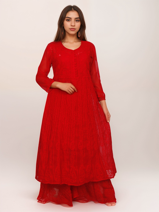 Lucknowi Chikankari Self-Tone Thread Aari Work Georgette 24-Kali Ankle-Length Anarkali | ADR Chikan