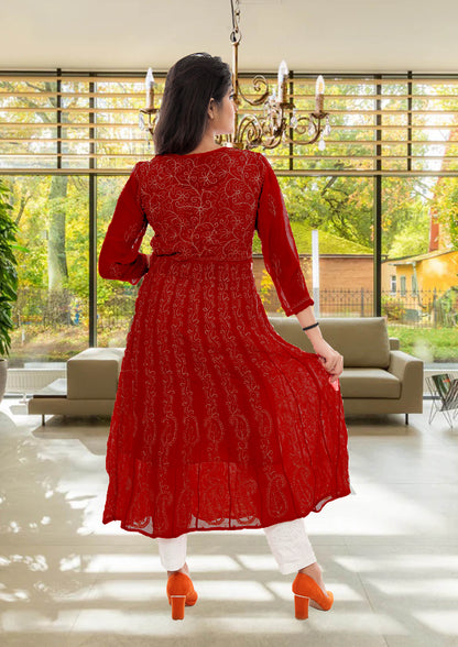Lucknowi Chikankari Aari Embroidery Georgette Anarkali Kurti ( RED )with Matching Inner | ADR Chikan