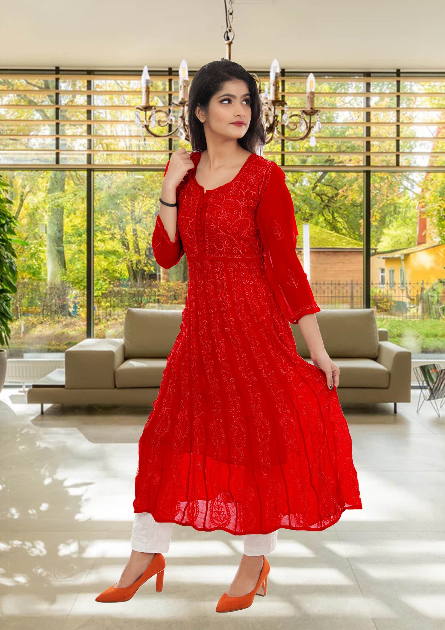 Lucknowi Chikankari Aari Embroidery Georgette Anarkali Kurti ( RED )with Matching Inner | ADR Chikan