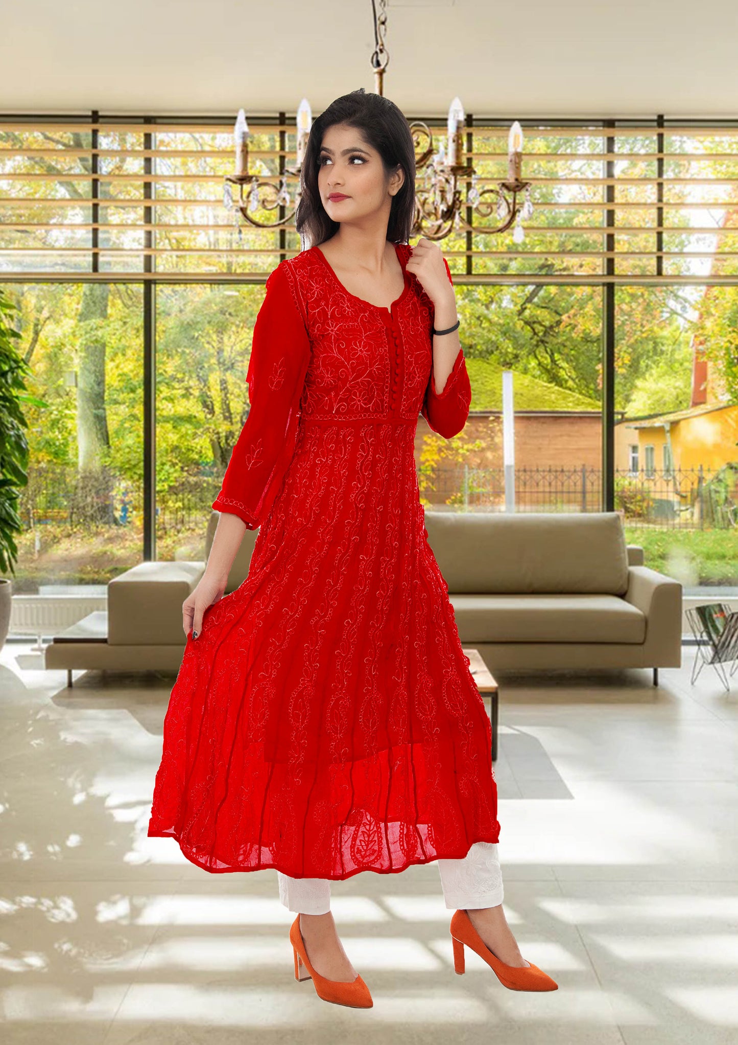 Lucknowi Chikankari Aari Embroidery Georgette Anarkali Kurti ( RED )with Matching Inner | ADR Chikan
