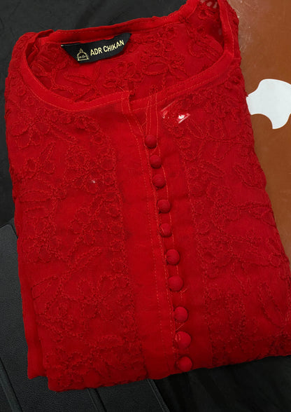 Lucknowi Chikankari Aari Embroidery Georgette Anarkali Kurti ( RED )with Matching Inner | ADR Chikan