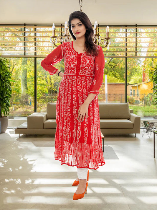 Lucknowi Chikankari Aari Embroidery Georgette Anarkali Kurti ( RED )with Matching Inner | ADR Chikan