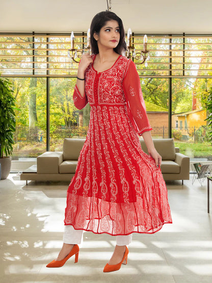 Lucknowi Chikankari Aari Embroidery Georgette Anarkali Kurti ( RED )with Matching Inner | ADR Chikan